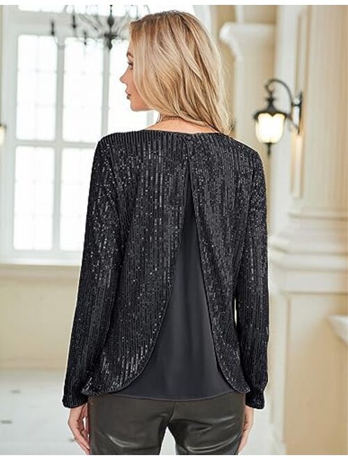 GRACE KARIN Sequin Tops for Women Sparkly Top Glitter Evening Party Shiny Split Mesh Back Long Sleeve Blouses