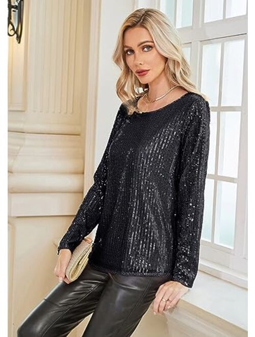 GRACE KARIN Sequin Tops for Women Sparkly Top Glitter Evening Party Shiny Split Mesh Back Long Sleeve Blouses