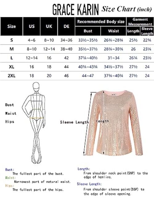 GRACE KARIN Sequin Tops for Women Sparkly Top Glitter Evening Party Shiny Split Mesh Back Long Sleeve Blouses