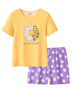 UNICABBIT21 Tie Dye Pajamas for Girls Soft Pandas Daisy Butterfly Big Kids Summer Sleepwear 2-Piece Short Set Size 6-16
