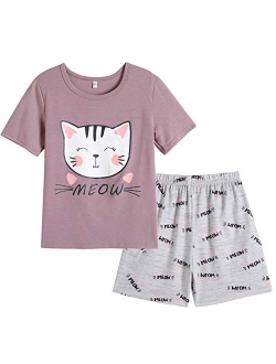 Hupohoi Big Girls Summer Cute Pajama Sets Striped Hearts Shape Printed Sleepwear