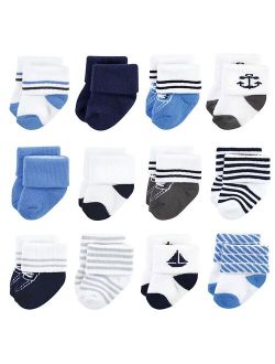 Baby Infant Boy Cotton Rich Newborn and Terry Socks, Nautical 12-Pack