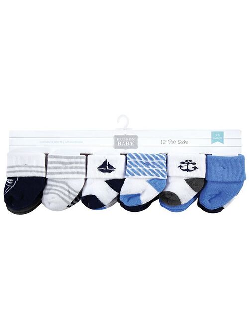 Hudson Baby Infant Boy Cotton Rich Newborn and Terry Socks, Nautical 12-Pack