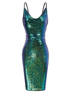 Women's Sexy Sequin Sparkly Glitter Cowl Neck Dresses Spaghetti Straps Bodycon Midi Club Party Dress