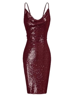 Women's Sexy Sequin Sparkly Glitter Cowl Neck Dresses Spaghetti Straps Bodycon Midi Club Party Dress