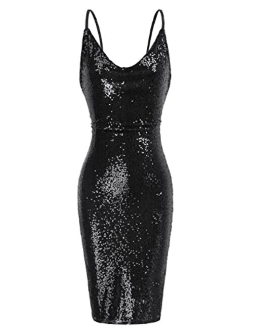 GRACE KARIN Women's Sexy Sequin Sparkly Glitter Cowl Neck Dresses Spaghetti Straps Bodycon Midi Club Party Dress