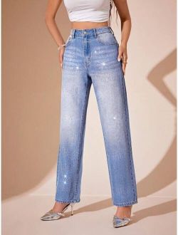 SHEIN BAE Rhinestone Detail Straight Leg Jeans