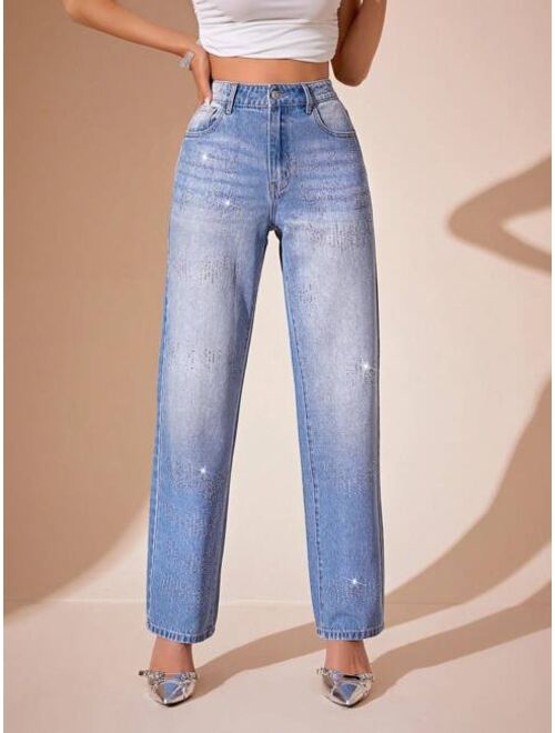 SHEIN BAE Rhinestone Detail Straight Leg Jeans