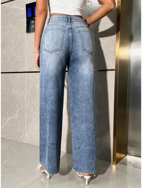 SHEIN BAE Ladies' Rhinestone Embellished Straight Leg Jeans