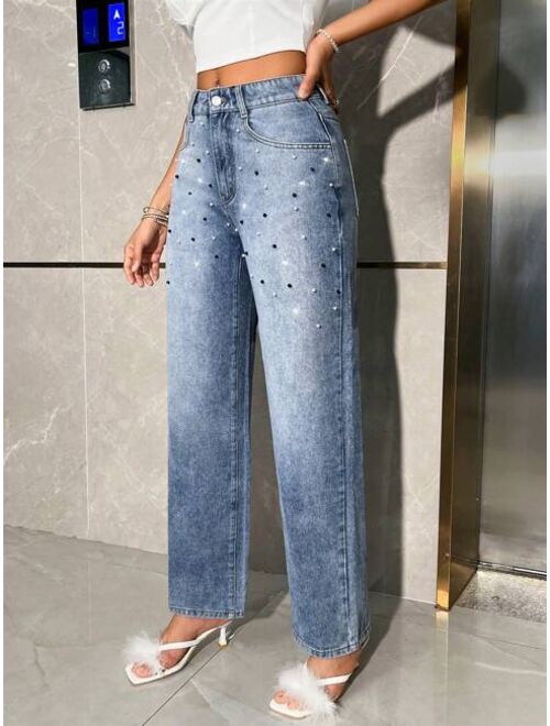 SHEIN BAE Ladies' Rhinestone Embellished Straight Leg Jeans