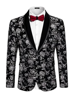 Men's Floral Tuxedo Jacket Shawl Lapel One Button Velvet Suit Jacket Dinner Prom Party Wedding Blazer
