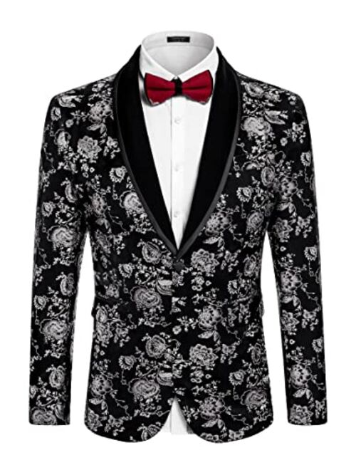COOFANDY Men's Floral Tuxedo Jacket Shawl Lapel One Button Velvet Suit Jacket Dinner Prom Party Wedding Blazer