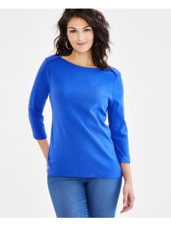STYLE & CO Women's Pima Cotton 3/4-Sleeve Boat-Neck Top, Regular & Petite,Created for Macy's