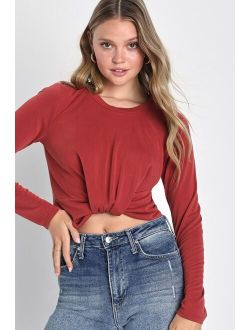 Knot This Way Rust Red Long Sleeve Knotted Top