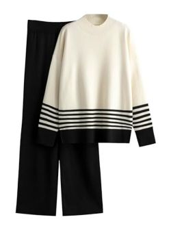 Tanming Women's Lounge Sets 2 Piece Outfits Knitted Pullover Sweater Tops Wide Leg Pants Tracksuit