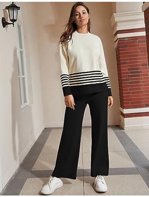Tanming Women's Lounge Sets 2 Piece Outfits Knitted Pullover Sweater Tops Wide Leg Pants Tracksuit