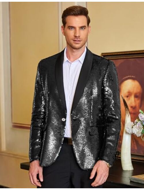 COOFANDY Men Shiny Sequin Blazer Tuxedo Party Dinner Prom One Button Suit Jacket