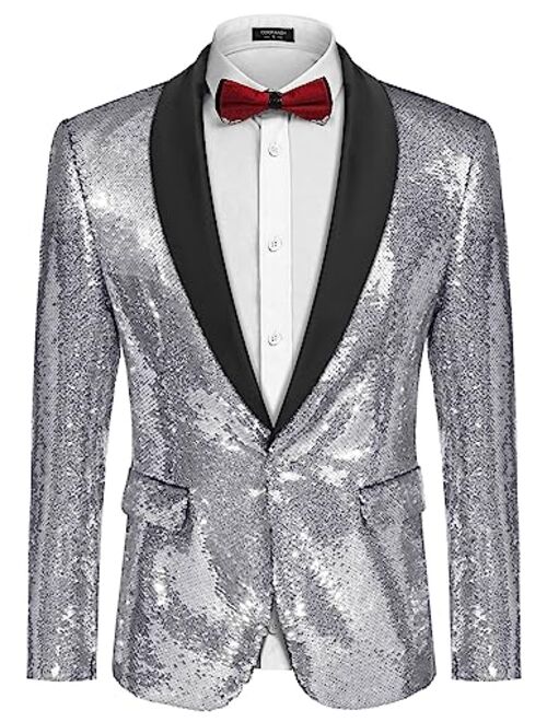 COOFANDY Men Shiny Sequin Blazer Tuxedo Party Dinner Prom One Button Suit Jacket