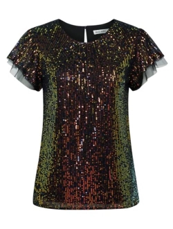 Women's Sparkly Sequin Tops Short Sleeve Glitter Dressy Blouses Round Neck Party Club Ruffle Sequins Shirts