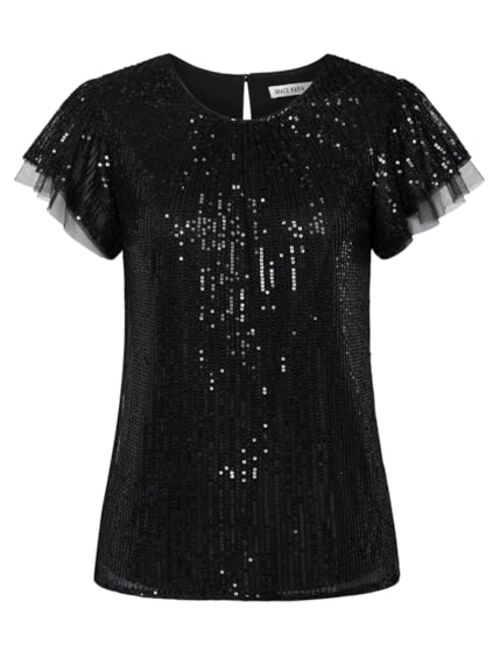 GRACE KARIN Women's Sparkly Sequin Tops Short Sleeve Glitter Dressy Blouses Round Neck Party Club Ruffle Sequins Shirts