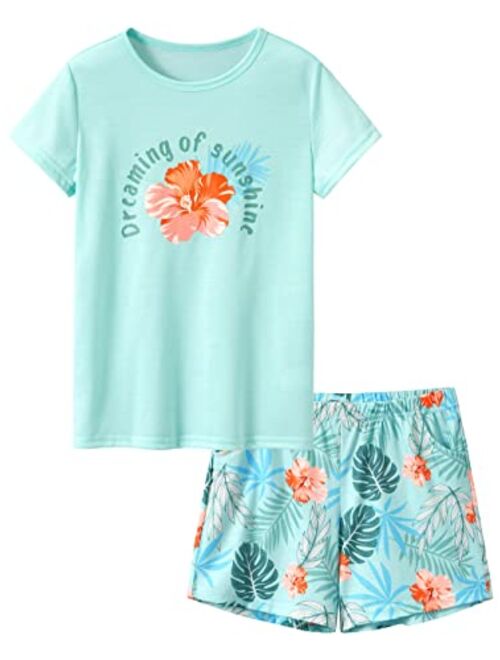 Beezizac Neon Tie Dye Spiral Pattern/Butterfly Pajamas for Girls Tee & Shorts PJ Set Size 6-18