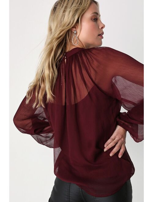 Lulus Angelically Airy Burgundy Balloon Sleeve Top