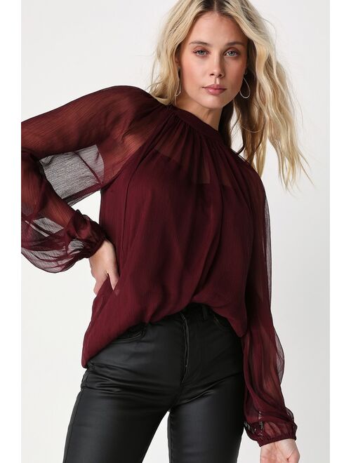 Lulus Angelically Airy Burgundy Balloon Sleeve Top