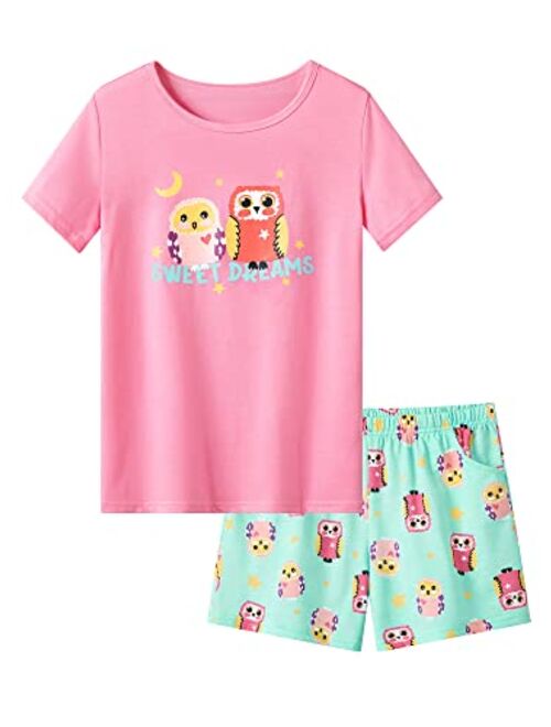 Cozchique Big Girls Summer Unicorn/Panda Pajamas Set - 100% Cotton Short Sleeve & Pants Sleepwear Cute Jammies Set Size 6-16