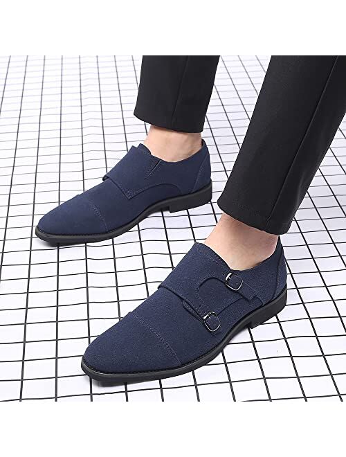 Santimon Mens Suede Leather Oxford Double Monk Strap Loafer Dress Formal Business Cap Toe Wedding Casual Slip-on Shoes