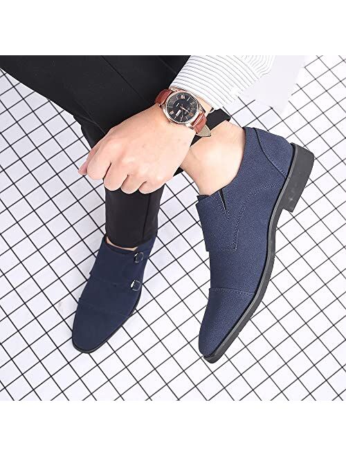 Santimon Mens Suede Leather Oxford Double Monk Strap Loafer Dress Formal Business Cap Toe Wedding Casual Slip-on Shoes