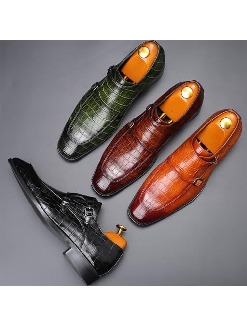Pucepen Mens Crocodile Print Double Monk Strap Loafer Fashion Slip-On Dress Oxford Shoes Comfortable Round Toe Low Block Heel Formal Business Casual Leather Shoes
