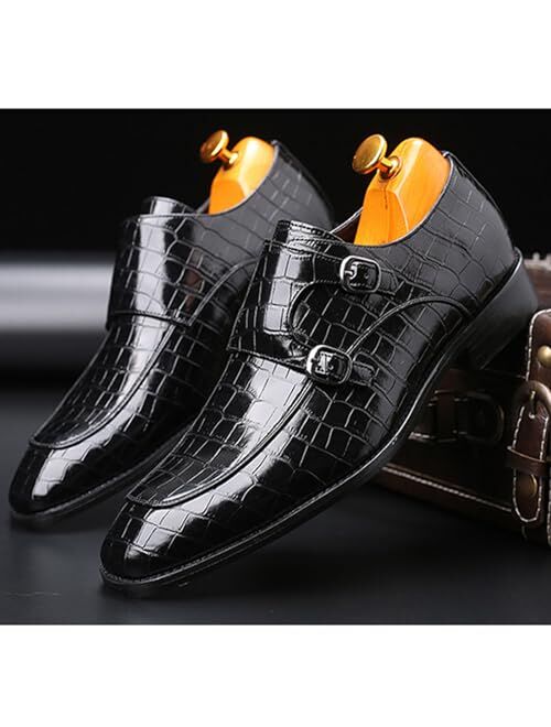 Pucepen Mens Crocodile Print Double Monk Strap Loafer Fashion Slip-On Dress Oxford Shoes Comfortable Round Toe Low Block Heel Formal Business Casual Leather Shoes