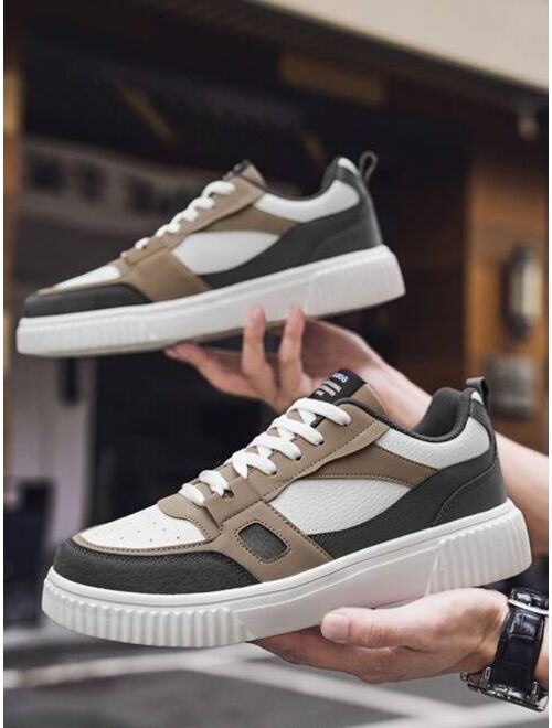 Huayue Yjm Men Anti-slip Litchi Embossed Letter Graphic Colorblock Lace Up Skate Shoes, Sporty Sneakers For Outdoor