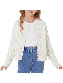 Girls Cropped Cardigan Sweaters Long Sleeve Cable Knit Button Front Sweater 5-12Y
