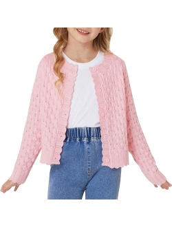 Girls Cropped Cardigan Sweaters Long Sleeve Cable Knit Button Front Sweater 5-12Y