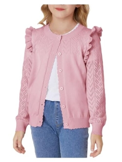 Girls Cardigan Cable Knit Sweater Long Sleeve Open Front Button Light Weight Solid Crochet Shrug 5-12
