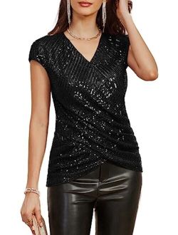 Womens Sparkle Sequin Top Shimmer Glitter Blouse Twist Front V Neck Cap Sleeve Club Party Shirt