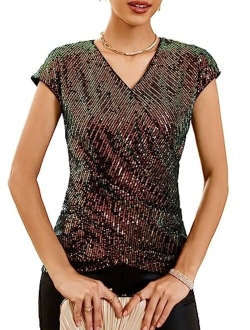 Womens Sparkle Sequin Top Shimmer Glitter Blouse Twist Front V Neck Cap Sleeve Club Party Shirt