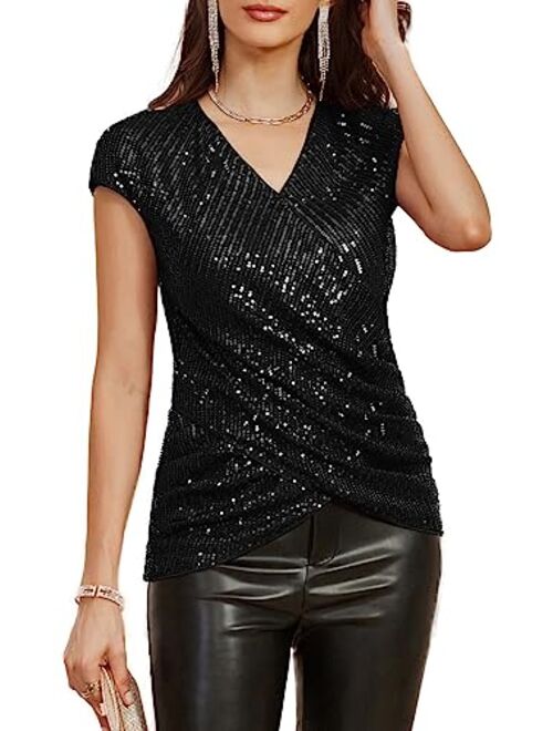 GRACE KARIN Womens Sparkle Sequin Top Shimmer Glitter Blouse Twist Front V Neck Cap Sleeve Club Party Shirt
