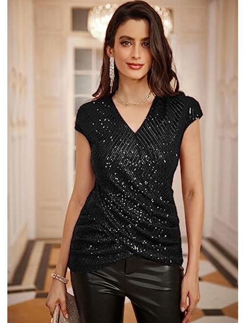 GRACE KARIN Womens Sparkle Sequin Top Shimmer Glitter Blouse Twist Front V Neck Cap Sleeve Club Party Shirt