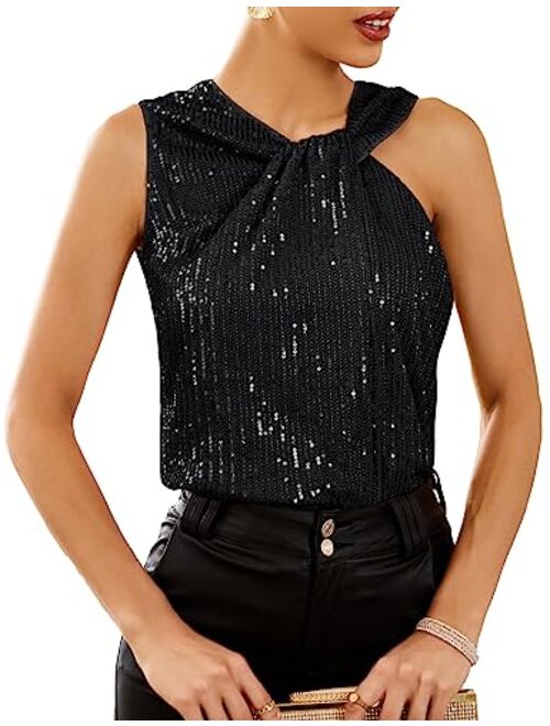 GRACE KARIN 2023 Women's Asymmetrical Twist Neck Sequin Top Slim Fit Cocktail Sparkle Tank Tops
