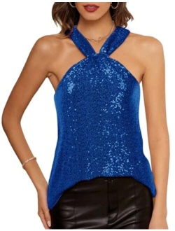 Women's Sequin Sparkle Tank Tops Halter Neck Keyhole Knot Slim Fit Cocktail Tops