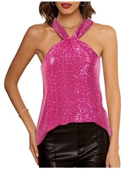 Women's Sequin Sparkle Tank Tops Halter Neck Keyhole Knot Slim Fit Cocktail Tops