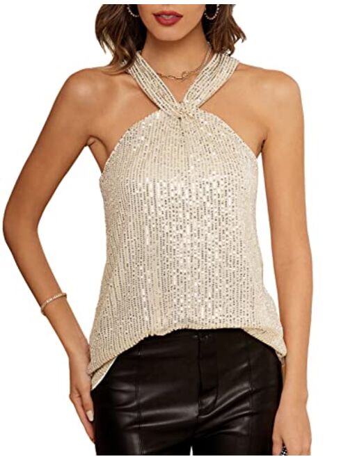 GRACE KARIN Women's Sequin Sparkle Tank Tops Halter Neck Keyhole Knot Slim Fit Cocktail Tops