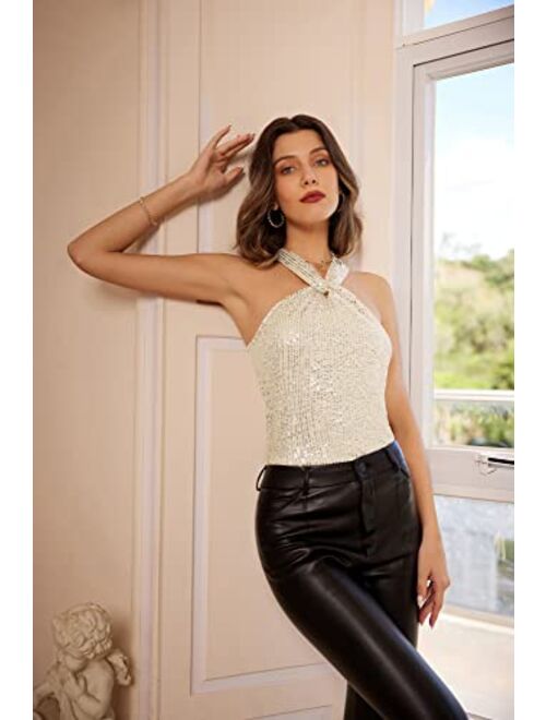 GRACE KARIN Women's Sequin Sparkle Tank Tops Halter Neck Keyhole Knot Slim Fit Cocktail Tops