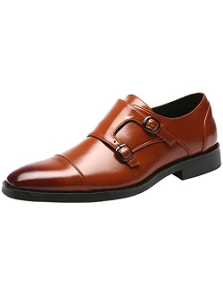 Jamron Men's Smart Monk Brogues Genuine Leather Wooden Heel Formal Dress Shoes
