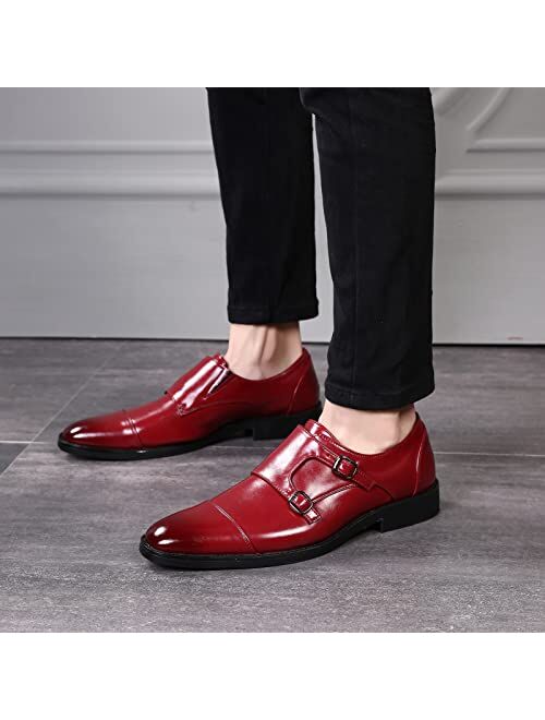 Jamron Men's Smart Monk Brogues Genuine Leather Wooden Heel Formal Dress Shoes