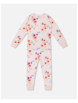 Girl Organic Cotton Long Sleeve Two Piece Pajama Light Pink Printed Flowers - Toddler|Child
