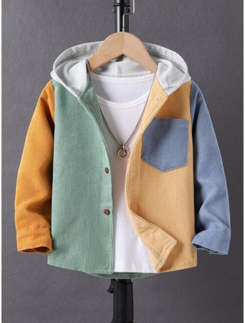 SHEIN Young Boy 1pc Color Block Patched Pocket Hooded Coat