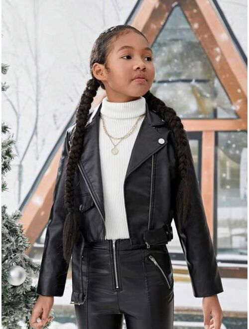 SHEIN Kids SHEIN Tween Girls' Autumn And Winter Casual Cool Solid Color Motorcycle Style Pu Leather Jacket